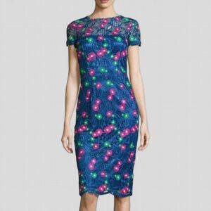 David Meister Lace Floral Mother Of The Bride Midi Short Sleeve Dress Sz Medium